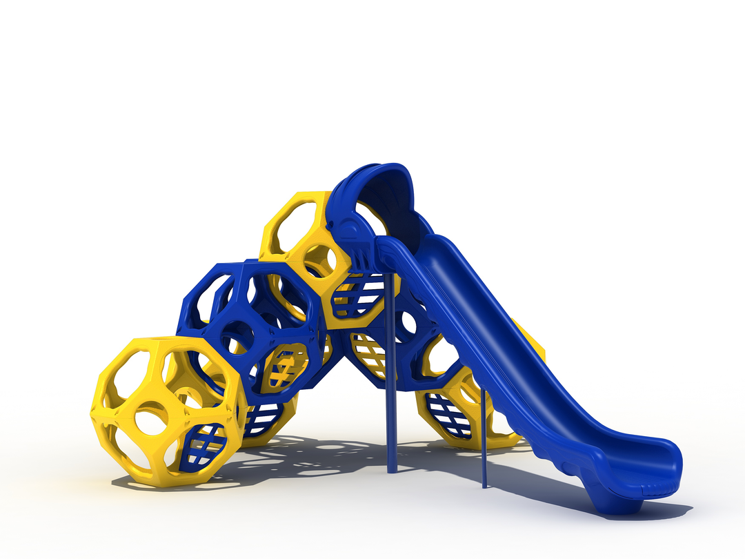 Independent playground climber with attached slide.