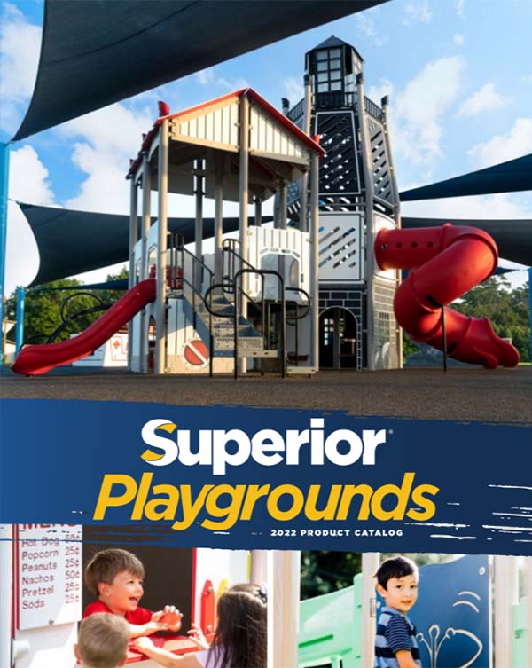 Superior Playground logo over children playing at a park with a lighthouse play set on top