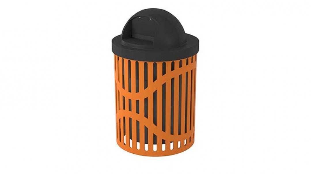 orange trashcan with a black lid