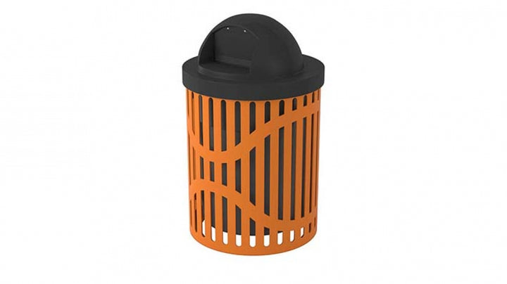 orange trashcan with a black lid