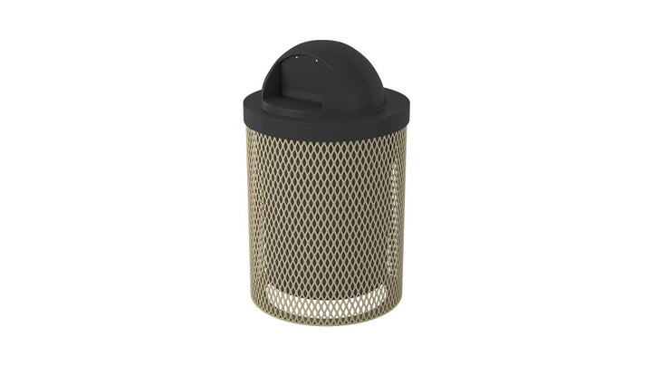 tan trashcan with lid